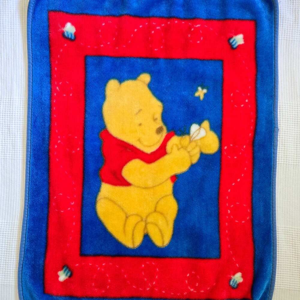 Vintage Disney Winnie the Pooh Plush Baby Blanket Red Blue